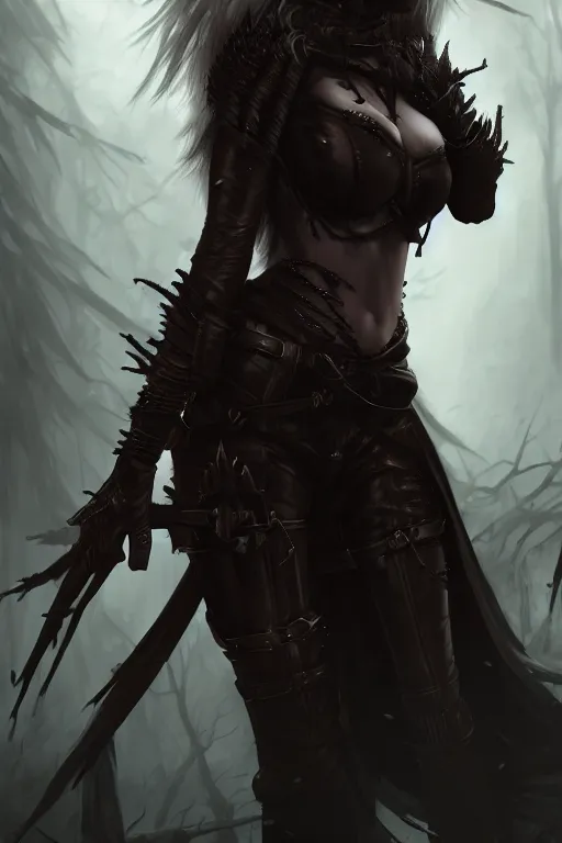 Image similar to dramatic atmospheric dark forest scenery, girl with vampire-fangs in hide leather armor, hyperdetailed, artstation, cgsociety, 8k
