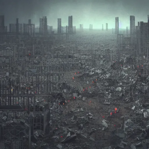 Image similar to Digital art, trending on Artstation, Dark and rainy mega city with towering walls built to block the migrants of the coming climate change migrant crisis showing piles of hundred bodies outside to maintain a quality of life for those who can survive the severe and deadly weather patterns observing small children targeted by advanced military style drones, dystopian, pbr render, concept art illustration, tilt shift background, wide depth of field, 8k, 35mm film grain