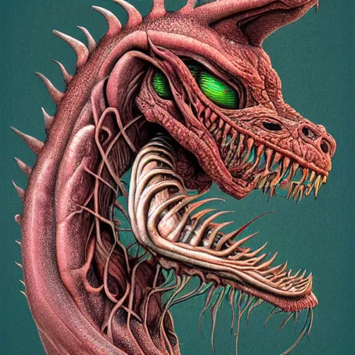 Image similar to nightmare dragon anatomy etherreal iridescent vascular nerve bundles pearlescent spinal chord horror by naoto hattori, zdzislaw, norman rockwell, studio ghibli, anatomical cutaway