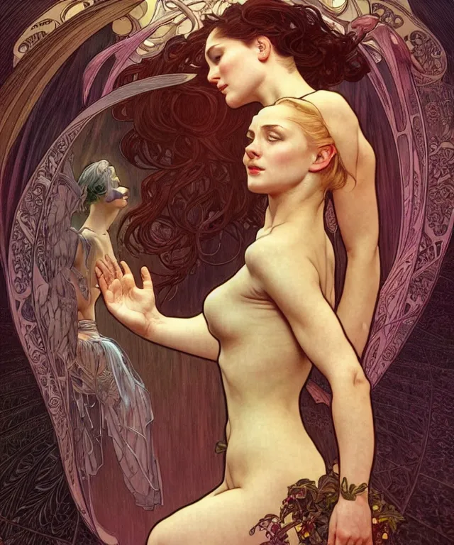 Image similar to beatiful woman looking at her self in a mirror and is seeing an angelic version of her self, dark surrealism , scifi, intricate, elegant, highly detailed, artstation, concept art, smooth, sharp focus, illustration, art by artgerm and moebius and alphonse mucha