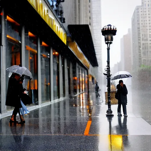 Image similar to rainy day on the miracle mile in chicago, view of the sidewalk ( on the right ) with the street and buildings on the left, all is grey and rainy, and the street is shiny. a well - dressed couple with an umbrella are hurrying towards the viewer.