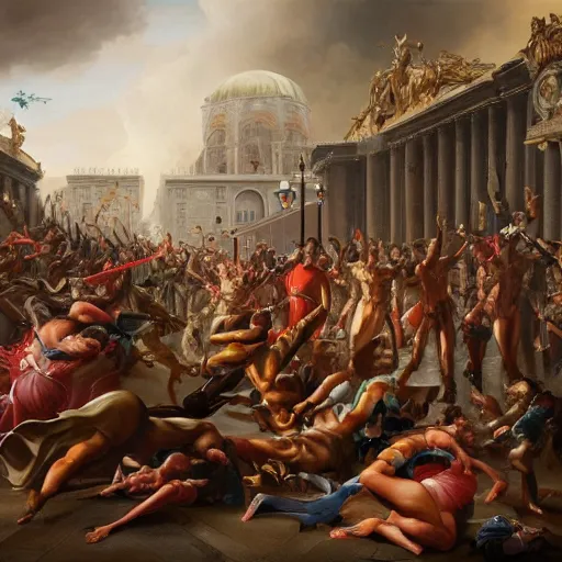 Image similar to a realistic painting by Raffaello Sanzi depicting the Kajol enveloped by symbiots Riot in the Renaissance,smooth,Sharp focus, trending on Artstation.