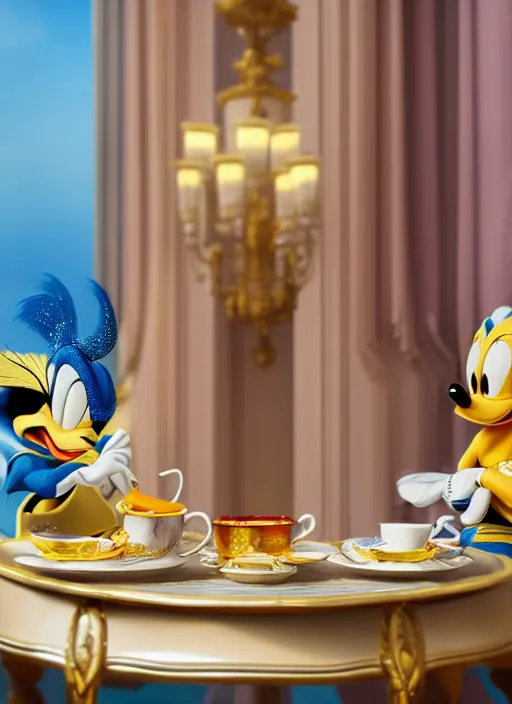 Prompt: cinderalla and donald duck having tea at the ritz, octane render, cinematic, elegant, intricate, 8 k