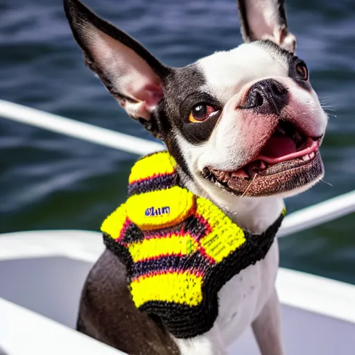 Image similar to a closeup photorealistic photograph of a cute smiling knitted boston terrier dog dressed in a life vest on a pontoon boat. professional capture, well lit shot. this 4 k hd image is trending on artstation, featured on behance, well - rendered, extra crisp, features intricate detail, epic composition and the style of unreal engine.