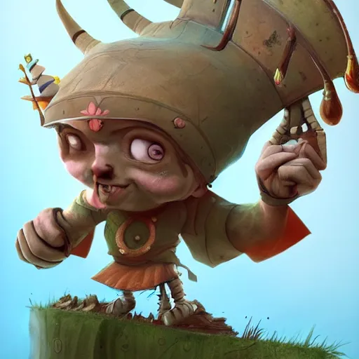 Prompt: little warrior 3D concept by Gediminas Pranckevicius, Game Art, Ultra wide angle, hyper detailed, Character Modeling, cartoon, cinematic, raytrace, concept art, Trend on Behance 3d Art, V-Ray, Maya, C4D