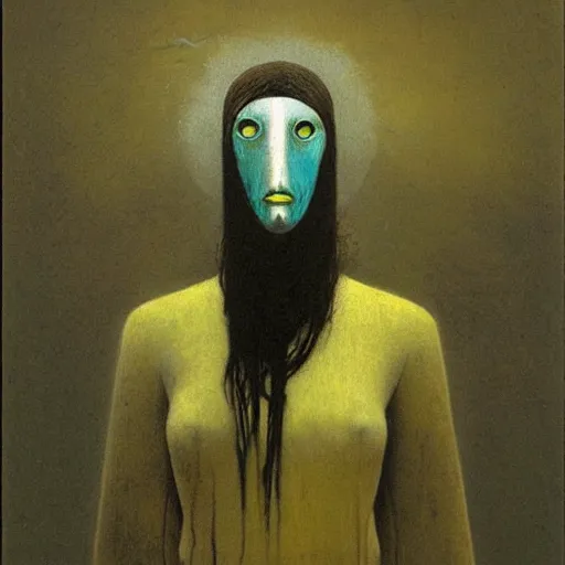Image similar to young teen female with crow head , painting by Beksinski