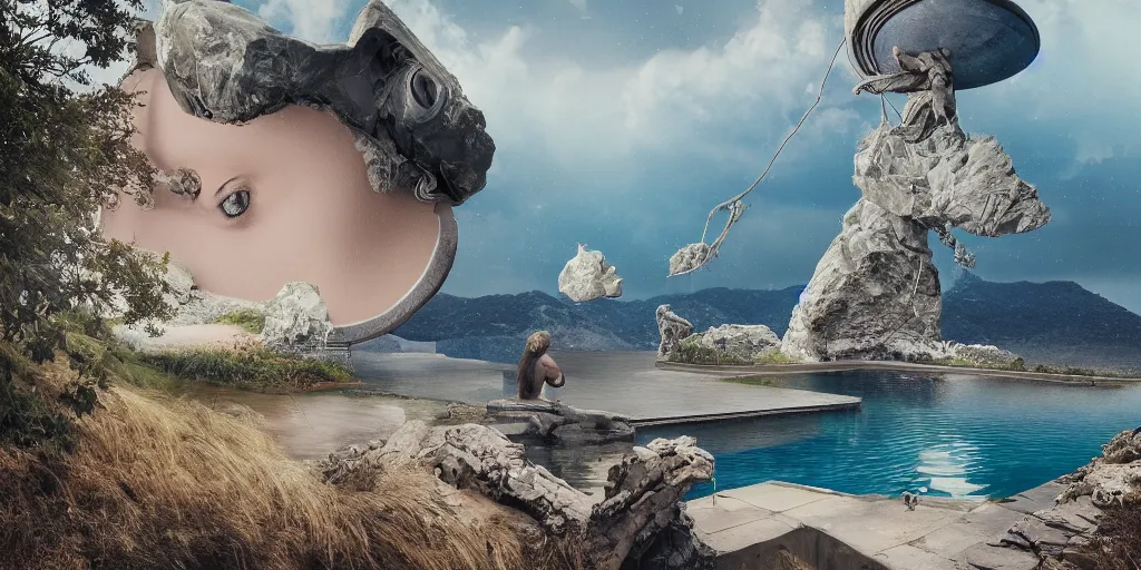 Image similar to artgem and Beeple masterpiece, hyperrealistic surrealism, wide angle landscape in California, award winning masterpiece with incredible details, epic stunning, infinity pool, a surreal liminal space, highly detailed, trending on ArtStation, calming, meditative, surreal, sharp details, dreamscape, giant head statue ruins, astronaut, crystal clear water