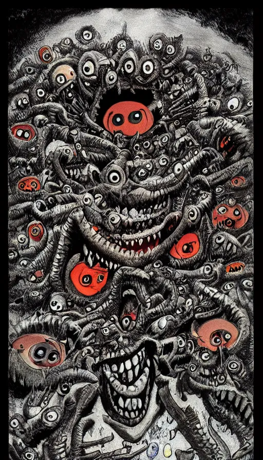 Image similar to a storm vortex made of many demonic eyes and teeth, by raymond briggs