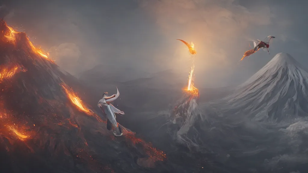 Prompt: a man in white tights flies from volcano and flame, intricate, highly detailed, artstation trending, ray tracing, cinematic, art by andrey surnov, concept art,