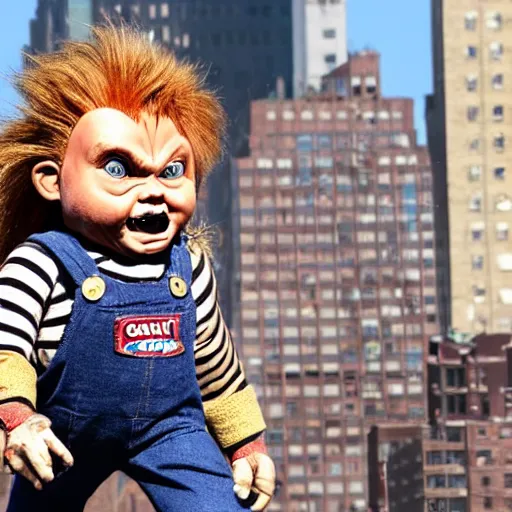 Image similar to giant chucky doll attacking new york city and causing destruction, people running in terror