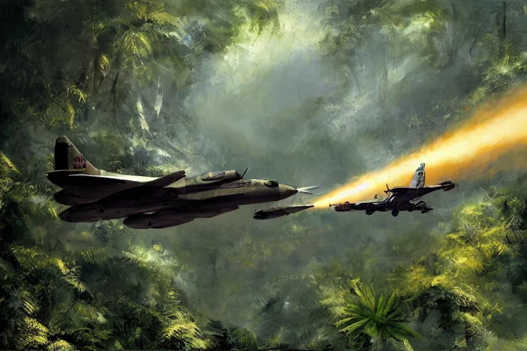 Image similar to dieselpunk digital illustration of a rocket fighter breaking the sound barrier low across a tropical rainforest by craig mullins