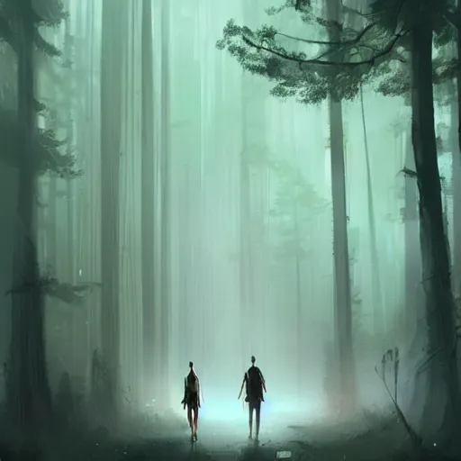 Image similar to concept art by greg rutkowski, a very tall and slender young man walking with a very tall and slender woman through a forest of giant trees, dark atmosphere, surrounded by fireflies, detailed portraits, disturbing atmosphere, scifi, digital painting, artstation, concept art, smooth, sharp foccus ilustration, artstation hq