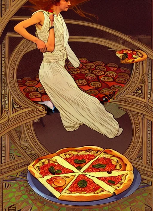 Image similar to unlucky man trips and looks in terror as he drops all the pizza on the floor, the pizza falls to the floor, tragedy, intricate, elegant, highly detailed, lighting, painting, artstation, smooth, illustration, art by greg rutowski and alphonse mucha