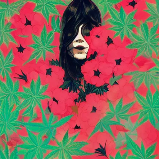 Image similar to surreal gouache painting by conrad roset, cannabis flowers growing out, portrait, cgsociety, artstation