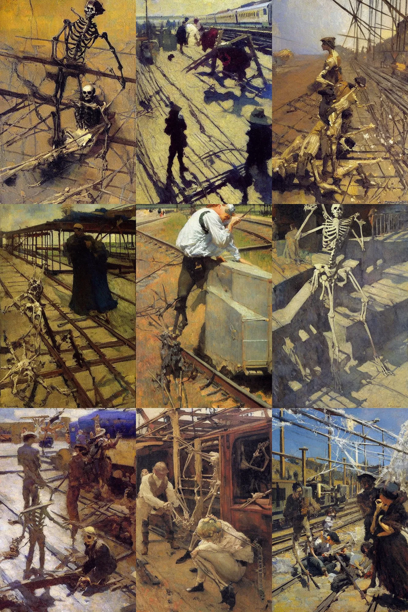 Prompt: painting by dean cornwell, ilya repin, nc wyeth painting, dusty cobweb skeleton!!!!!!!!!!!! at the rail road, train track!!!!!!!!!!, rails, train!!!!