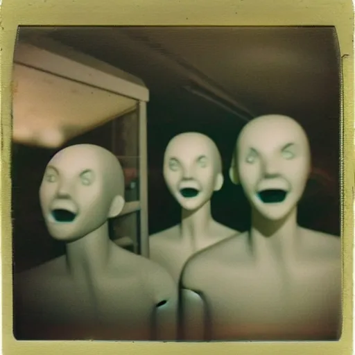 Image similar to a dark room filled with distorted mannequins with screaming faces, creepy, eerie, nightmare fuel, old polaroid, expired film,