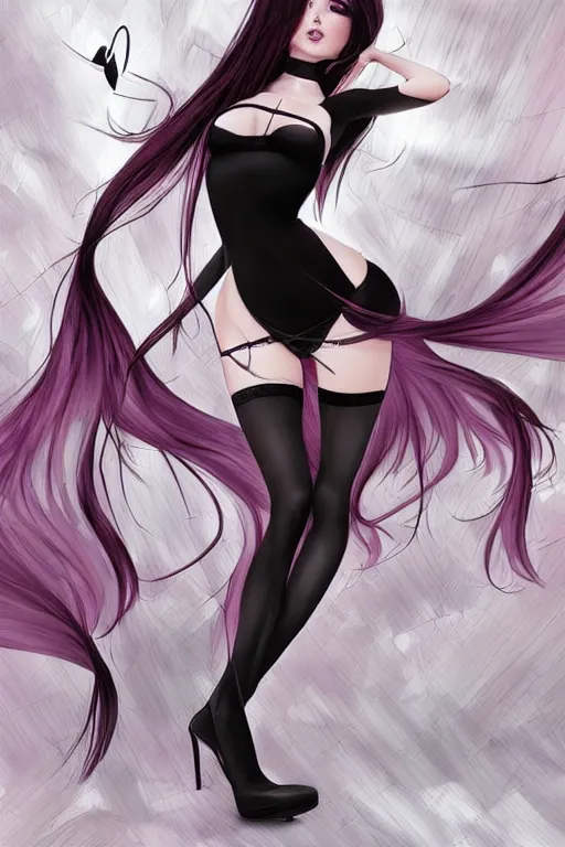 Prompt: Succubus in tight short dress, stockings, heels, dog collar and ponytail portrait - geometric hair fluttering in the wind, by artgerm, WLOP