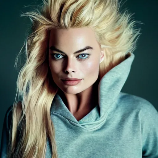 Image similar to face photo of margot robbie as super saiyan powering up long hair wearing hoodie by annie leibovitz