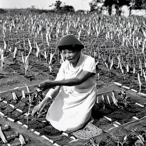 Image similar to an 8 0 s photo of an old vietnamese woman tending to her vegetable patch by the sea, photography