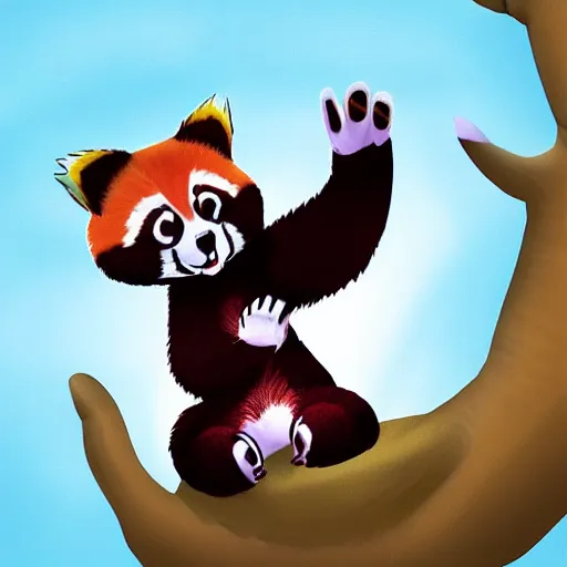 Image similar to friendly cartoon red panda waving hand, game art, arstation