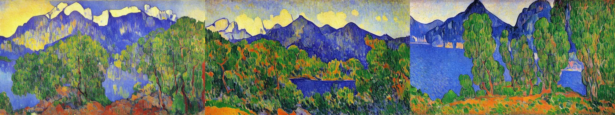 Prompt: lakeside mountains, by gaugin