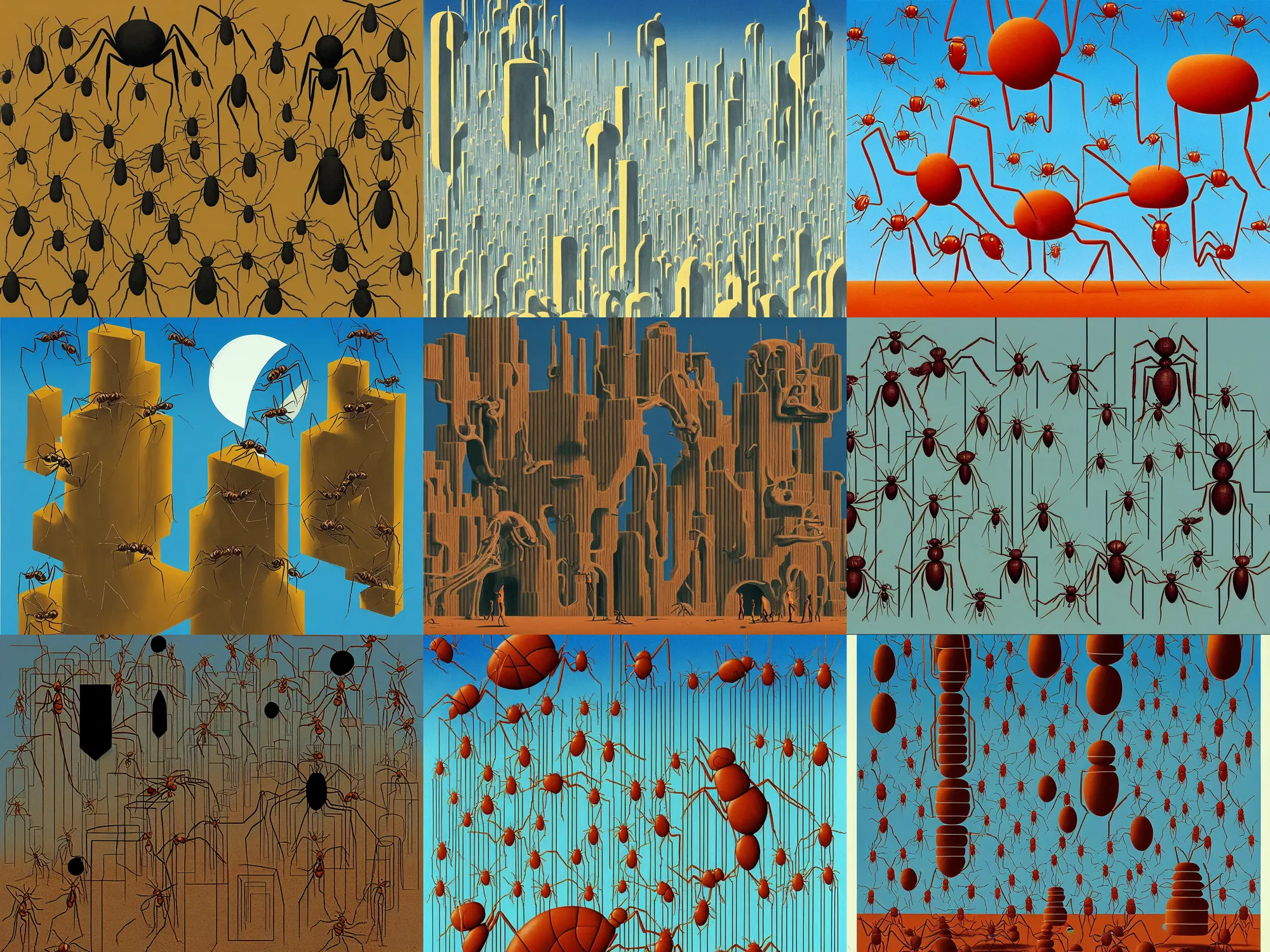 Prompt: intelligent ants build symmetric architecture in phase iv by saul bass, painting for a movie poster by james jean and rene magritte, very detailed, a lot of ants and weird buildings made from sand