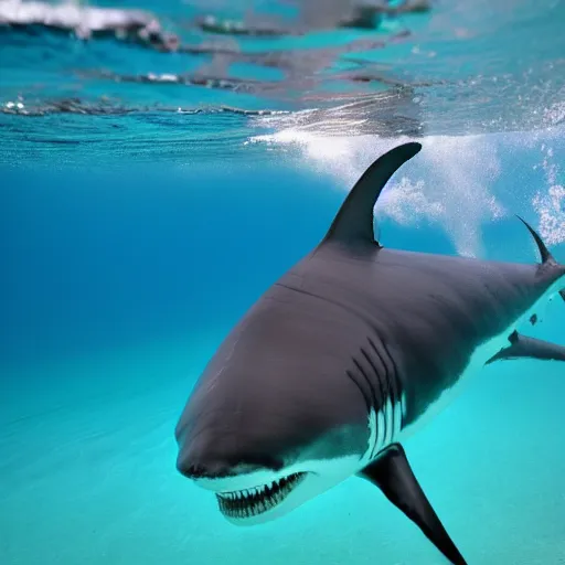 Image similar to elderly man swimming with a great white shark, smiling, happy, underwater, shark, great white, crystal clear water, adventure, canon eos r 3, f / 1. 4, iso 2 0 0, 1 / 1 6 0 s, 8 k, raw, unedited, symmetrical balance, wide angle