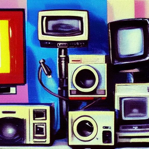 Image similar to array of crt televisions, tv static, antenna, stacked, polaroid, steroids, adult video store, impressionist painting, painting, oil painting, cell shaded, fuzz