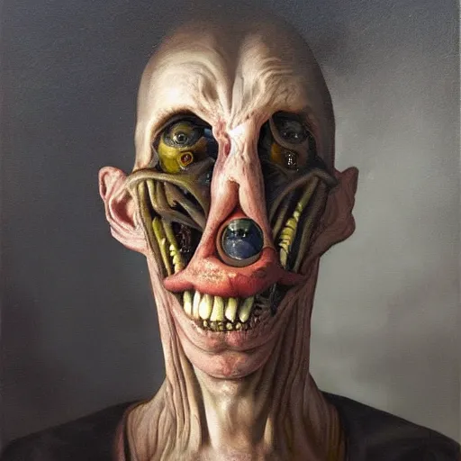 Prompt: Oil painting by Christian Rex Van Minnen of a portrait of an extremely bizarre disturbing mutated man with intense chiaroscuro lighting perfect composition