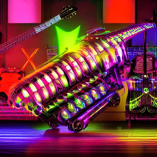 Prompt: album cover, album is called tripmachine, tripmachine, photo of a huge dieselpunk machine with guitars and drums and pianos, connected with glowing tubes 8 k, fluorescent colors, halluzinogenic, multicolored, exaggerated detailed, front shot, 3 d render, octane