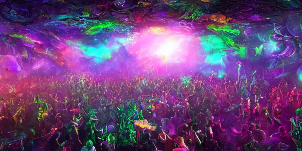 Image similar to a cosmic rave party in the end of the world, high detail beautiful matte painting, ultrarealistic, octane render, cosmic psychedelic art -H 1024