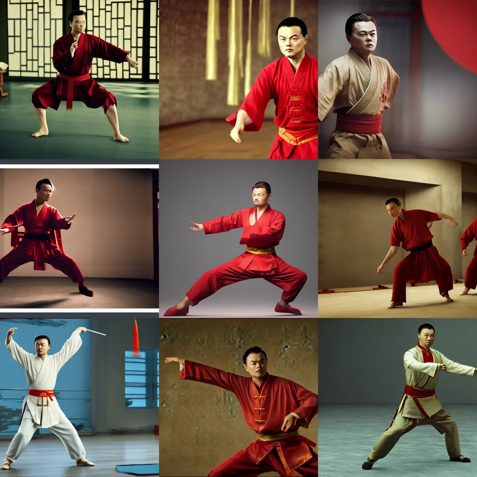Prompt: super chinese leonardo dicaprio wearing chinese attire in kung - fu stance, inside chinese gym, octane render, rule of thirds, sigma look, beautiful