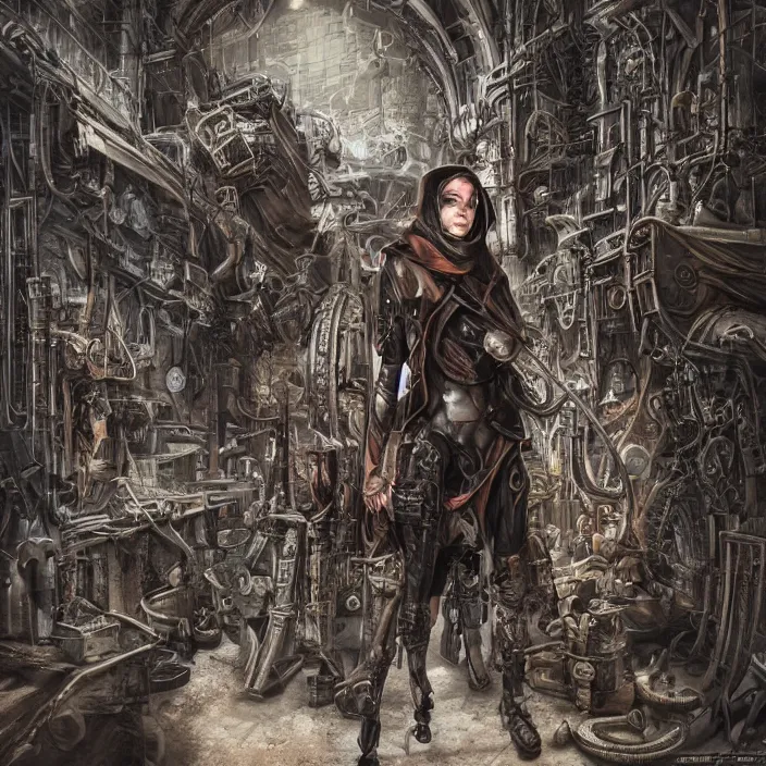 Image similar to apocalyptic woman in hood standing in hall of machinery and weaponry, hyper - detailed, smooth, sharp focus, 4 k ultra hd, fantasy dark art