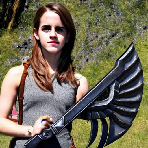 Prompt: Emma Watson holding a real life armadyl godsword from Runescape