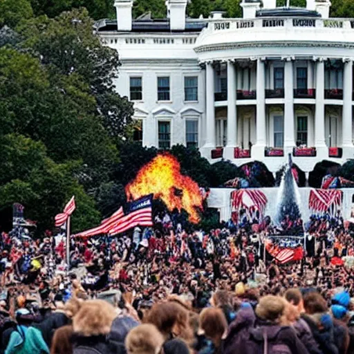 Image similar to a still of thousands of ewoks rioting in front of a the white house in washington.!!!, flaming torches and pitchforks