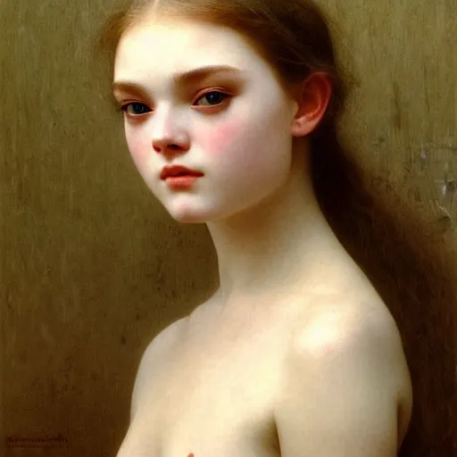 Prompt: A masterpiece head and shoulders portrait of Elle Fanning by William Adolphe Bouguereau and Beksinski