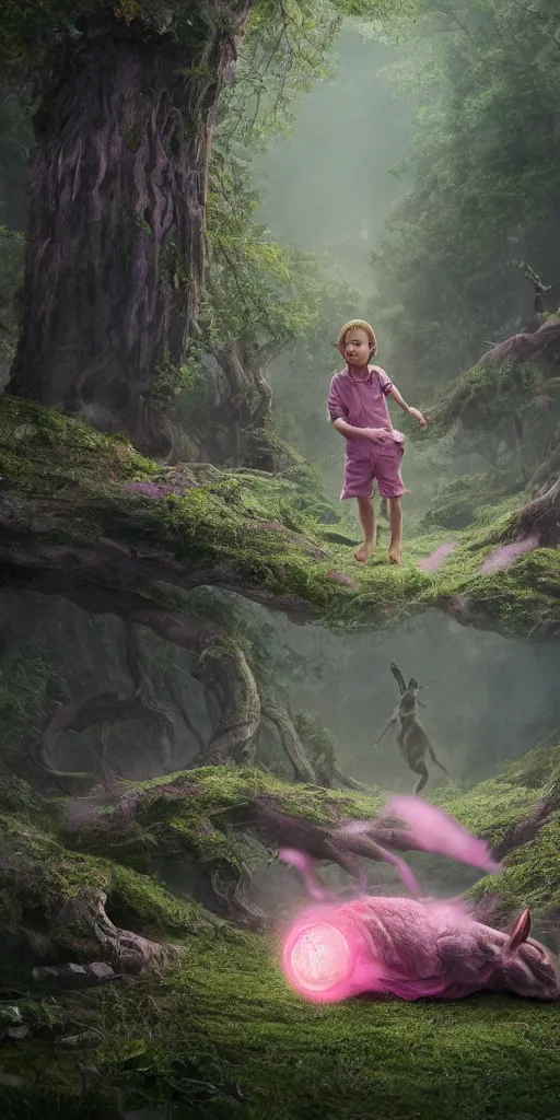 Prompt: half child half rabbit in a pink shirt, surrounded by a green forrest, moody , lovecraft, giger, ridley scott, zack snyder, Fenghua Zhong, realistic cinematic lighting, establishing action shot, ultra detailed, hyper realism, photo, octane render