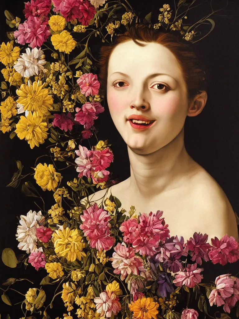 Prompt: hyperrealistic still life painting of a woman's face made of flowers that is smiling, by Caravaggio, botanical print, surrealism, vivid colors, serene, golden ratio,