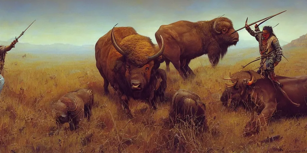 Prompt: of Native American hunting a buffalo Peter Andrew Jones and Peter Gric