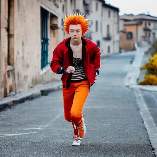 Image similar to orange - haired anime boy, 1 7 - year - old anime boy with wild spiky hair, wearing red jacket, running through italian town, yellow sunshine, sepia sun, strong lighting, vivid lighting, ultra - realistic, sharp details, subsurface scattering, intricate details, hd anime, 2 0 1 9 anime