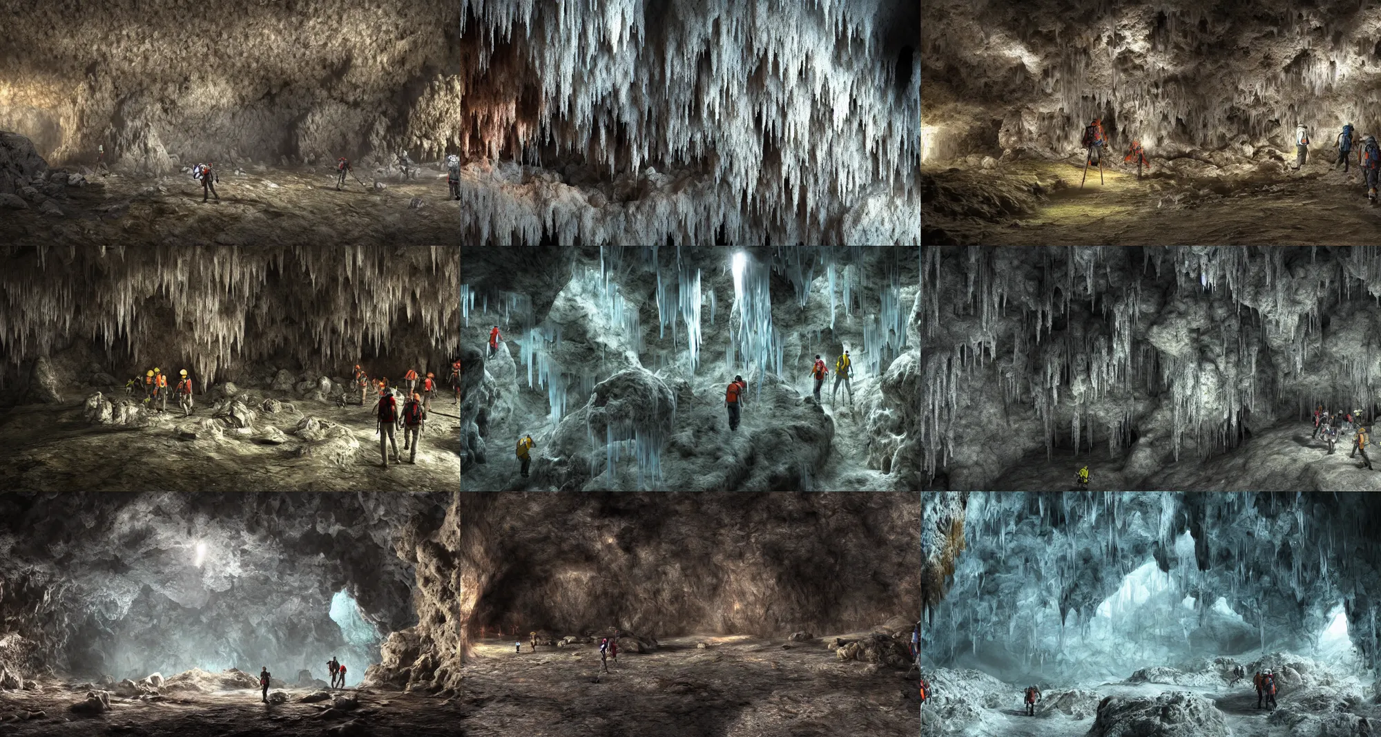 Prompt: underground cave system explorers, stalactites, 4k, uhd, photo, photorealistic