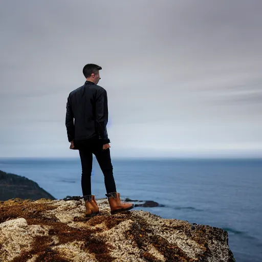 Prompt: A man wearing a black Jacket, white shirt, blue jeans and golden boots sits on a cliff holding an axe, XF IQ4, 150MP, 50mm, f/1.4, ISO 200, 1/160s, natural light, Adobe Photoshop, Adobe Lightroom, DxO Photolab, Corel PaintShop Pro, rule of thirds, symmetrical balance, depth layering, polarizing filter, Sense of Depth, AI enhanced