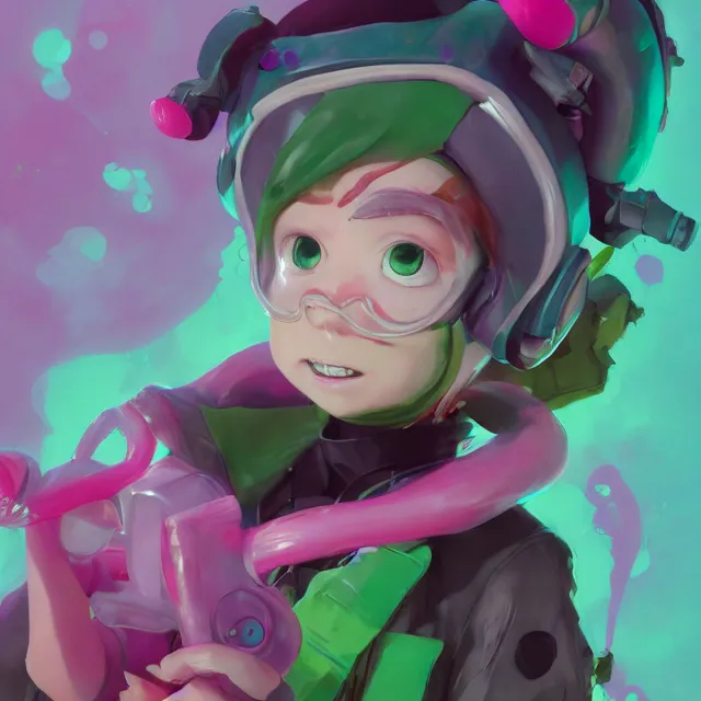 Image similar to a beautiful fullbody portrait of a cute splatoon anime boy with pink hairand green eyes. character design by cory loftis, fenghua zhong, ryohei hase, ismail inceoglu and ruan jia. artstation, volumetric light, detailed, photorealistic, fantasy, rendered in octane