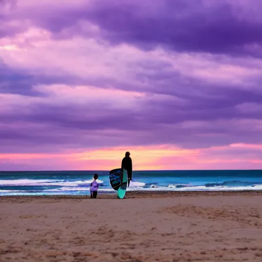 Image similar to teenage surfer standing at the beach. Purple sky with fluffy clouds and an airplane In the background