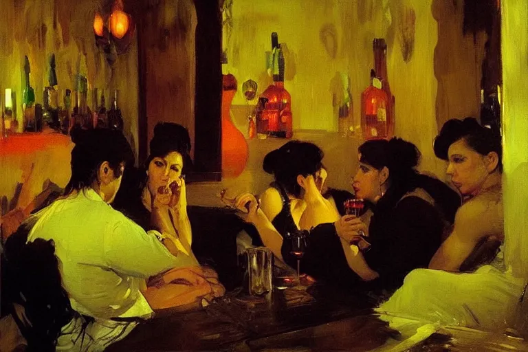 Image similar to cholas drinking brutal and raw wine, inside a tiny green room with red lights by joaquin sorolla, greg rutkowski, bill sienckiwicz, extremely detailed