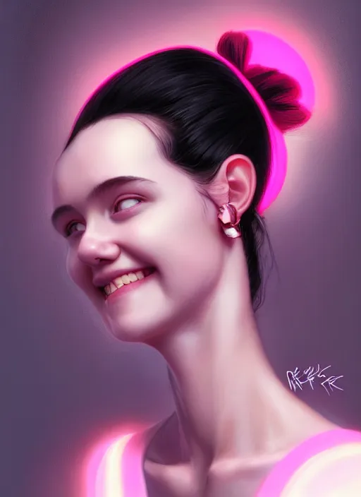 Image similar to portrait of teenage girl, narrow face, black hair, bangs, half updo hairstyle, skinny, smile, unattractive, defined jawline, big chin, wearing pink hair bow, earrings, intricate, elegant, glowing lights, highly detailed, digital painting, artstation, sharp focus, illustration, art by wlop, mars ravelo and greg rutkowski