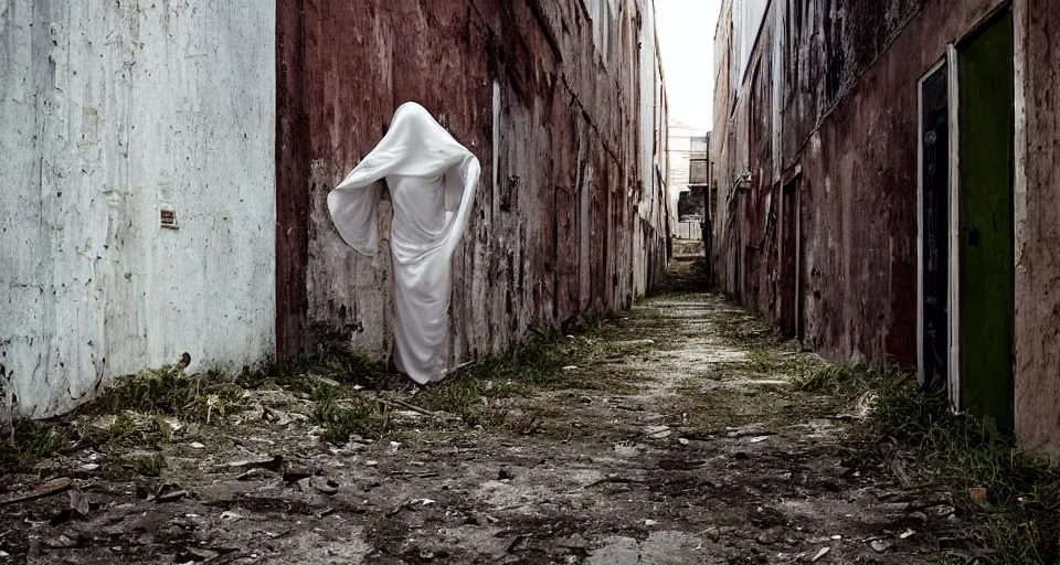 Image similar to ghost in an abandoned alleyway, color photograph by greg girard.