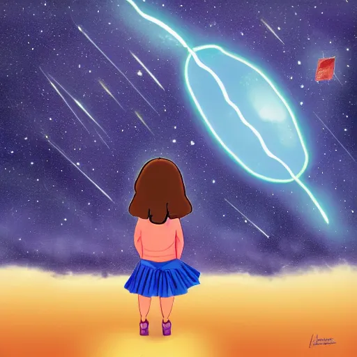 Prompt: a girl watching a meteorite fall from space, digital art