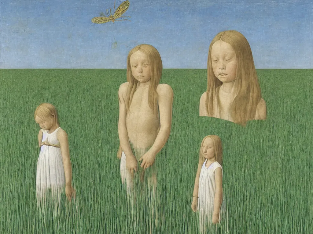 Image similar to Small child with a giant iridescent insect in the iris field. Painting by Piero della Francesca, Alex Colville