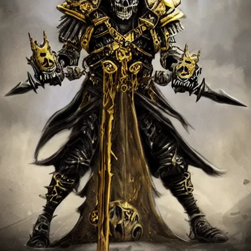 Image similar to lich king wearing black and gold armor with skulls and chains, holding a two handed long straight sword with golden handle, wearing spiked crown helmet with skull mask concept art artstation